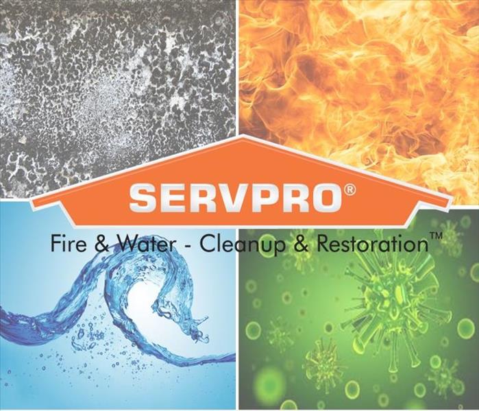 Background of fire, water, mold and biohazard with SERVPRO logo